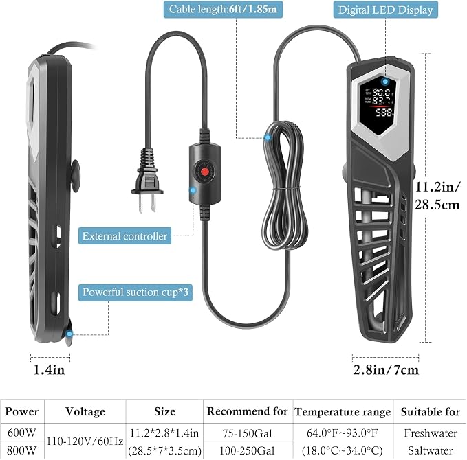 HITOP 800W Titanium Aquarium Heater: Digital Fish Tank Heater with External Controller, Submersible Aquarium Heater with Over-Temperature Protection for Saltwater and Freshwater 100-250Gallon