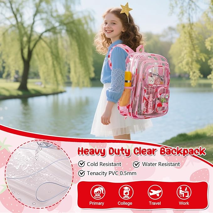 Clear Backpack for Kids, Strawberry Backpack for Girls, Water-Resistant See Through Bookbag with Chest Strap for Preschool Kindergarten College Travel Stadium Work Concert