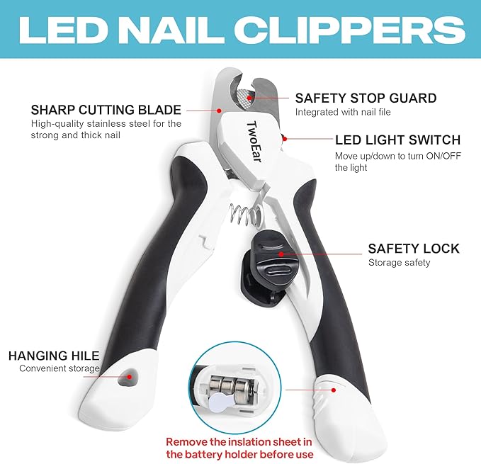 TwoEar Dog Nail Clippers with Light, Dog Nail Trimmers with Quick Sensor & Safety Guard, Razor Sharp Blade, LED Pet Nail Clippers/Dog Toenail Clippers for Medium Large Dogs, Black