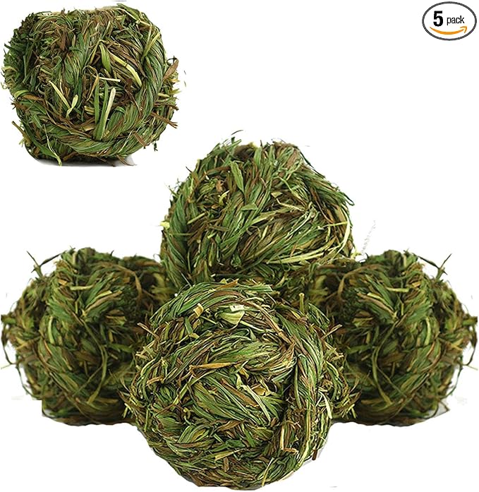Hamiledyi Rabbit Chew Ball Timothy Grass Grinding Small Animal Activity Play Chew Toys for Bunny Rabbits Hamster Guinea Pigs Gerbils (5 PCS)