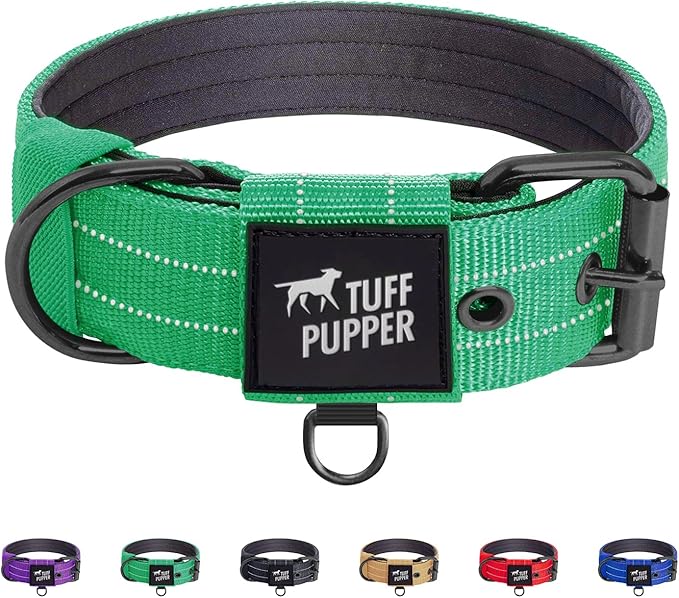 Tuff Pupper Heavy Duty Tactical Dog Collar | 1.5" Wide Ballistic Nylon | Reflective Stitching | Integrated ID Tag Holder | Stainless Steel Buckle | Padded Lining | Medium & Large Dogs (Green, Medium)