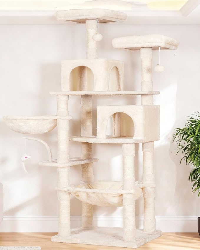 Heybly Cat Tree, 70 inches Tall Cat Tower Condo with Toy for Indoor Large Cats, Cat House Furniture with Padded Plush Perch, Cozy Hammock and Sisal Scratching Posts, Beige HCT032M