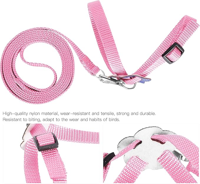 Bird Harness and Leash, 120cm Pet Parrots Adjustable Nylon Anti‑Bite Training Rope for Outdoor Flying Parrot Harness Leash Training Supplies for Parrots Alexandrine, Scarlet, Keck, Mini Macaw(Pink)
