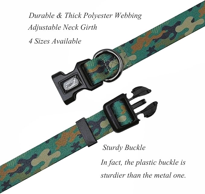 Dog Collar Leash Set, Camouflage Pattern, Polyester Material, Adjustable Collar and 5ft Matching Leash, for Puppy Dogs.(XS, Green Camo)