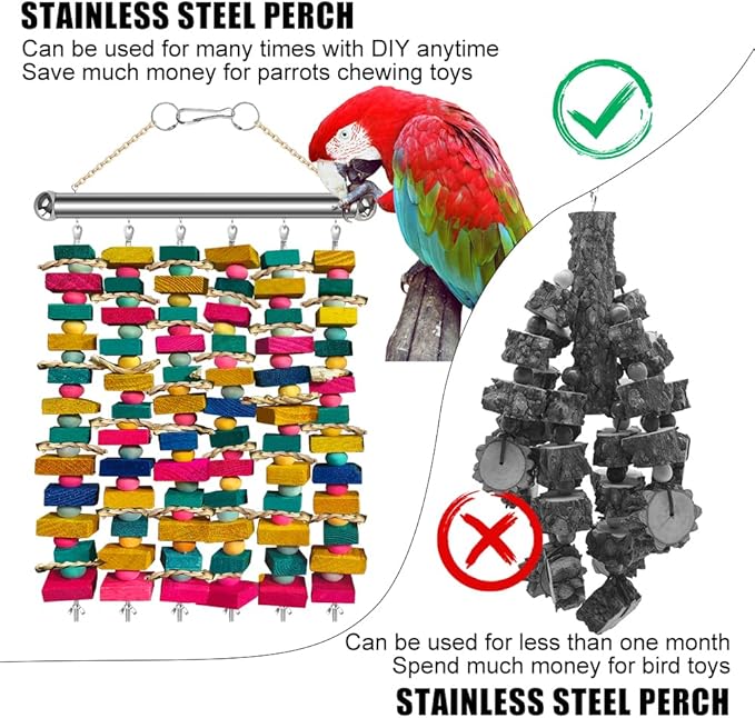 Stainless Steel Parrot Toy Hanging Rack, Large Bird Toy Stand with 6 Hanging Cables & Swivel Hooks, Chew Toy Holder for Macaws, Cockatoos, African Greys, Bird Cage Accessory for DIY Toy