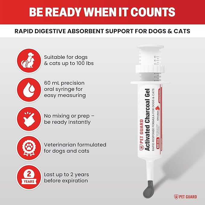 Activated Charcoal for Dogs & Cats (60 mL) | Emergency Pet First Aid for Accidental Ingestion & Digestive Support | Simple to Dose, Ready-to-Use | Chicken Flavored
