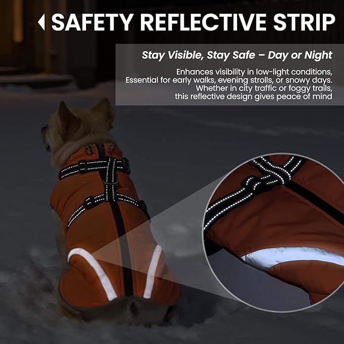 QBLEEV Large Dog Coat, Big Dog Winter Jacket for Large Dogs, XXX-Large Waterproof Cold Weather Snow Vest with Zip & Reflective, Windproof Built-in Harness Warm Fleece Snowsuit Clothes, Orange, XXXL