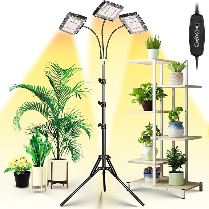 LBW Grow Light with Stand, Tri-Head LED Grow Lights for Indoor Plants | 150 LEDs Full Spectrum Plant Light, 3/6/12H Timer, 6 Brightness, 3 Switch Modes,15-63in Adjustable Stand, for Tall Plants