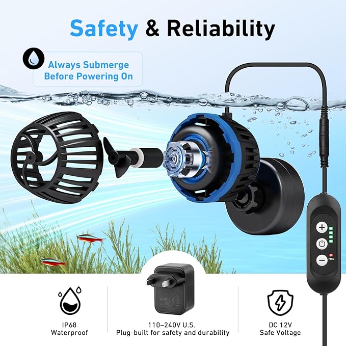 AQQA Magnetic Wave Maker for Aquarium - DC 12V Circulation Pump | External Controller 4-Speed Adjustable Flow & Feeding Mode, Submersible Powerhead for Freshwater Saltwater Tanks(20W 2115GPH)
