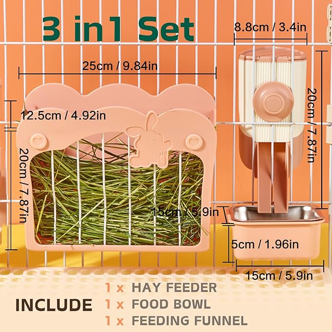 Rabbit Hay Feeder, 3-in-1 Feeding Set with Food Bowl and Hanging Funnel for cage, Hay Rack for Bunny Guinea Pig Chinchilla (Pink)