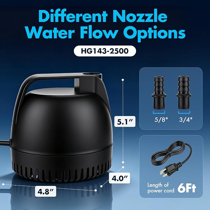 hygger 660GPH Submersible Pump Aquarium, Fish Tank Water Pump Adjustable Flow with 2 Nozzles, 8.2 ft High Lift Quiet Fountain Pump for Aquarium, Pond, Hydroponics, Water Garden