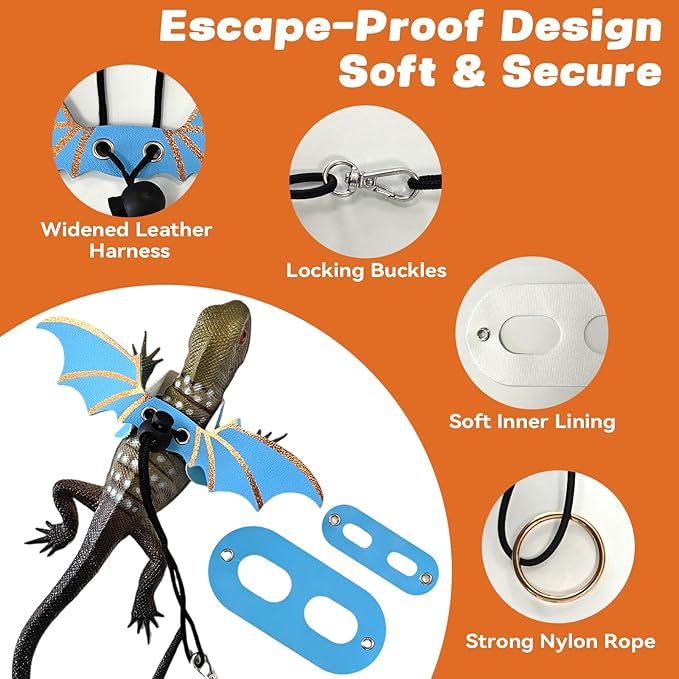 Dinosaur Wing Leash Harness for Bearded Dragons - 3-Size Adjustable Reptile Harness Set, Safe Escape-Proof Design for Lizards, Geckos, Iguanas & Small Pets (Blue)