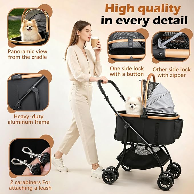 Pet Stroller for Small Medium Dogs & Cats – 3-in-1 Detachable Carrier, Zipperless Entry, Lightweight Folding Travel Stroller with Storage Basket, Cup Holder, Gray