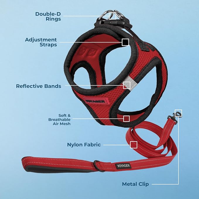 Best Pet Supplies Voyager Step-in Air All Weather Mesh Harness and Reflective Dog 5 ft Leash Combo with Neoprene Handle, for Small, Medium and Large Breed Puppies - Red/Black Trim, X-Large