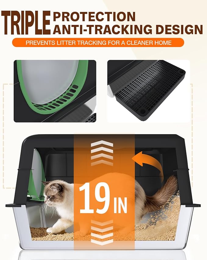 XL Stainless Steel Cat Litter Box with Lid, Enclosed High-Sided Top-Entry Design, Large Metal Kitty Litter Box Equipped with Scoop and Trash Bin, Black