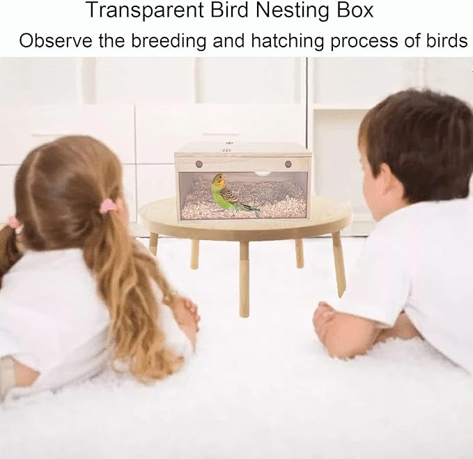 Tfwadmx Parakeet Nesting Box, Transparent Bird Nest Breeding Box, Wood Parrot Nest Box with Perch Bird Cage House for Cockatiel Lovebirds Budagie Canary Finch (M)