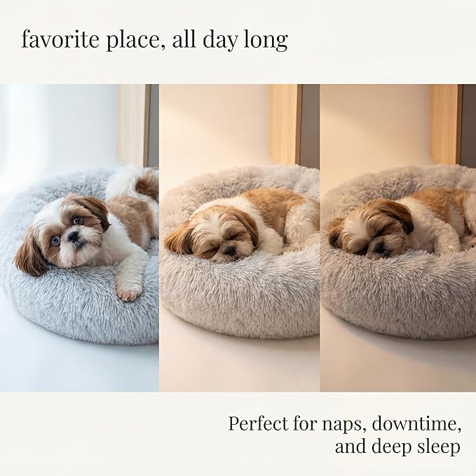 Calming Donut Dogs Beds for Small Dogs Washable,23inch Plush Round Pet Bed for Cozy Sleep,Fluffy Faux Fur Large Cat Bed,Fits up to 25 lbs Pets,Frost Grey