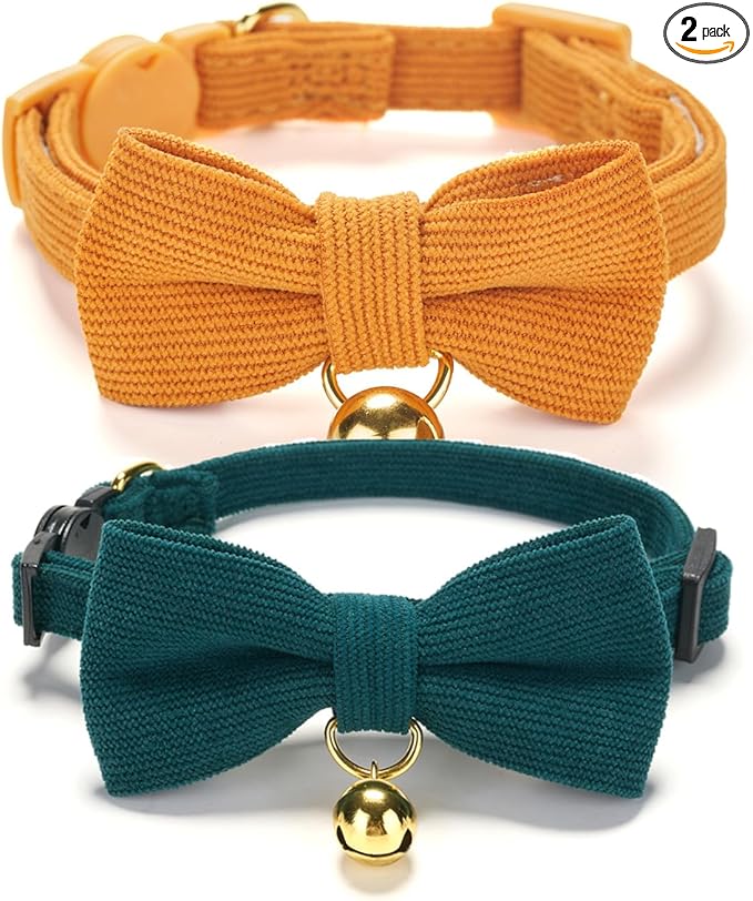 2 Pack Soft Corduroy Cat Collars with Bow Tie & Bell, Adjustable Breakaway Cotton Kitty Bowtie Collar for Girl Boy Kitten (Orange & Green)