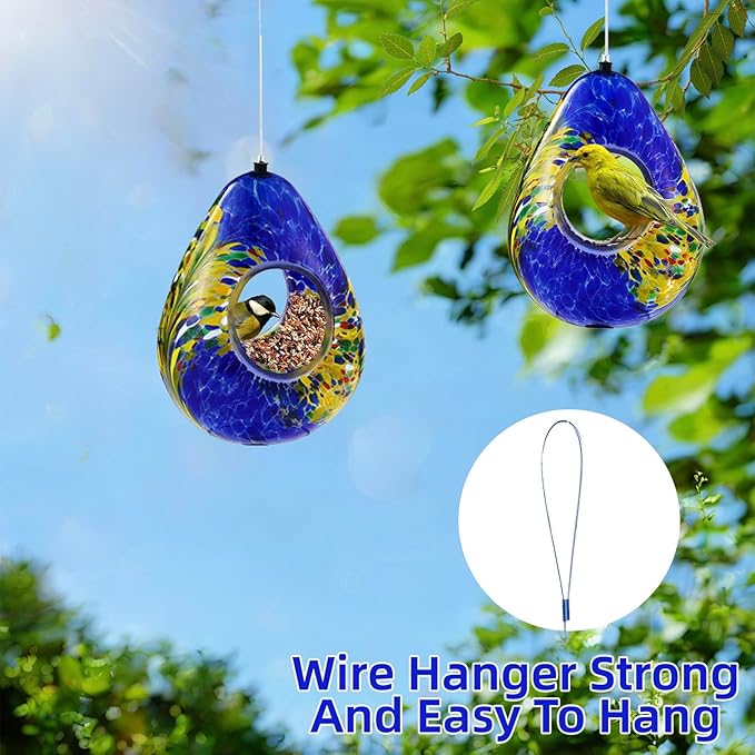 VOREEN Glass Bird Feeder, Handcrafted Hanging Fly-Through Feeder for Outdoor Garden & Backyard, Decorative Wild Bird Feeder with Steel Wire Cable,Blue