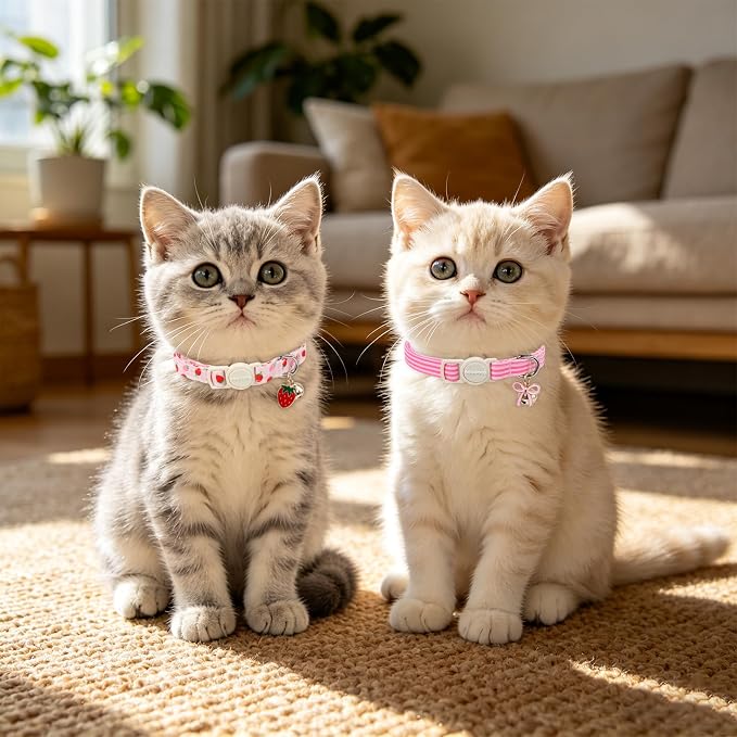 2 Pack Pink Cat Collars - Spring Summer Strawberry Breakaway Cat Collar with Bell, Adjustable Cute Pink Striped Kitten Collars for Girl Cats, 7-12 Inch