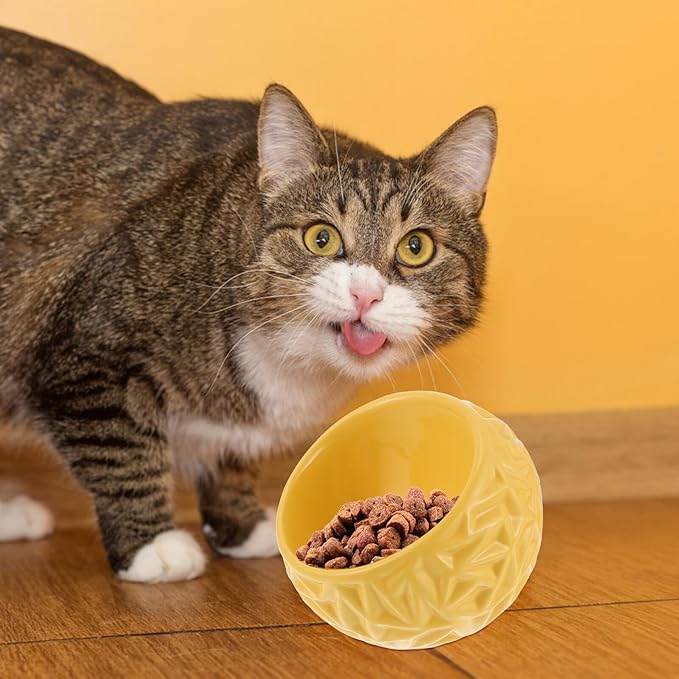 Milisten Ceramic Cat Bowl with Anti-tip Design, Yellow Geometric Kitten Feeding Dish, Sturdy Household Cat Feeder for Indoor Pets