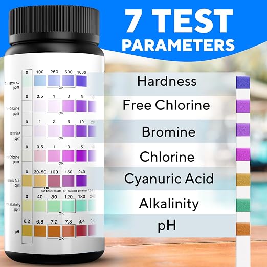 7-in-1 Accurate Pool Test Strips - 150 Hot Tub Spa Test Strips - Quick Pool Water Testing Kit - Bromine, pH, Hardness, Alkalinity, Chlorine & Cyanuric Acid - Perfect for Any Pools, Spa, Hot tubs