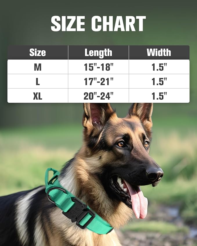 Joytale Tactical Dog Collar with Handle and Metal Buckle, Heavy Duty Padded Military Collar with 2 Patches for Training, Adjustable for Large Dogs, Teal, L