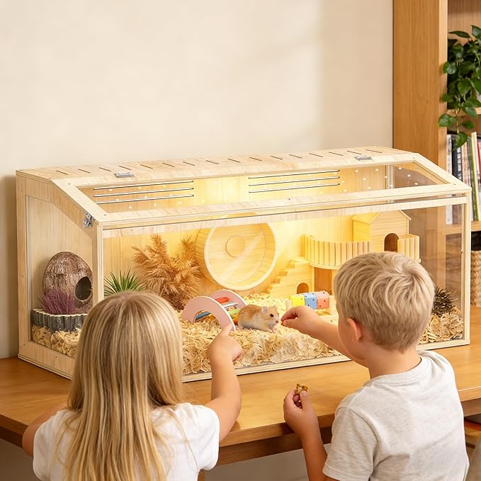 XiaZ Hamster Cage Chewproof,48 Inch Large Hamster Tank with Panoramic View and Ventilated Top,Durable Plywood Solid Wood Frame,Spacious Acrylic Glass Habitat for Syrian Dwarf Hamsters and Degus