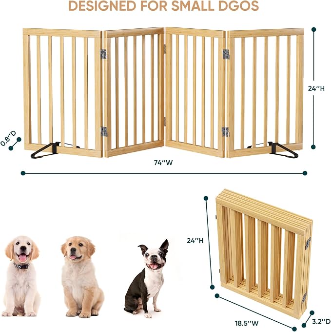 Semiocthome Solid Bamboo Dog Gate with 2 Stands, Freestanding Pet Gates for Doorways and Stairs, 24" Height-4 Panels Puppy Gate for The House, Fully Assembled Indoor Gate Safety Fencee - Natural