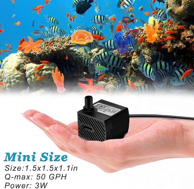 3W 50GPH Mini Submersible Water Pump, Small Fountain Pump for Pond, Aquariums, Fish Tank, Tabletop Fountain, Pet Fountain, Indoor or Outdoor Fountain (AC Powered)