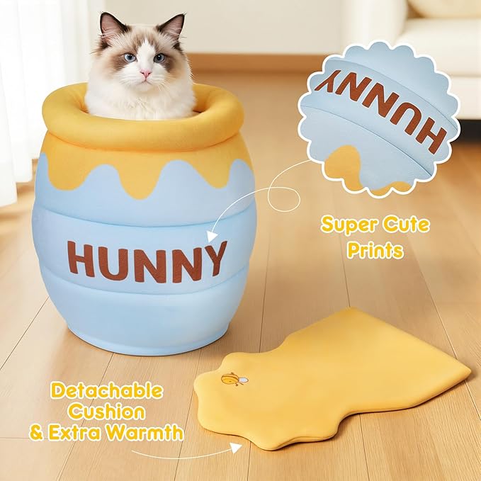 Honey Pot Cat Cave Bed - Covered Cat Beds for Indoor Cats with Removable & Washable Cushion, Enclosed Kitten Puppy Hut, Cute Kitty Hideaway for Small Cats Dogs and Pet Breeds