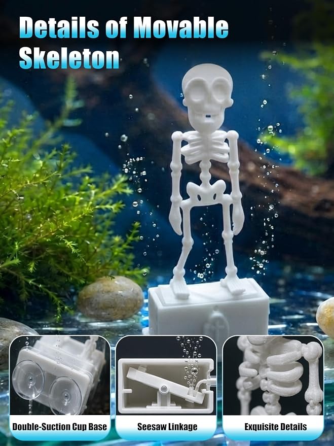 Dancing Skeleton Aquarium Bubbler, Halloween Fish Tank Decor(White) | Adjustable airflow with 1m hose & valve. Safe resin, for freshwater/saltwater tanks. Air pump not included.