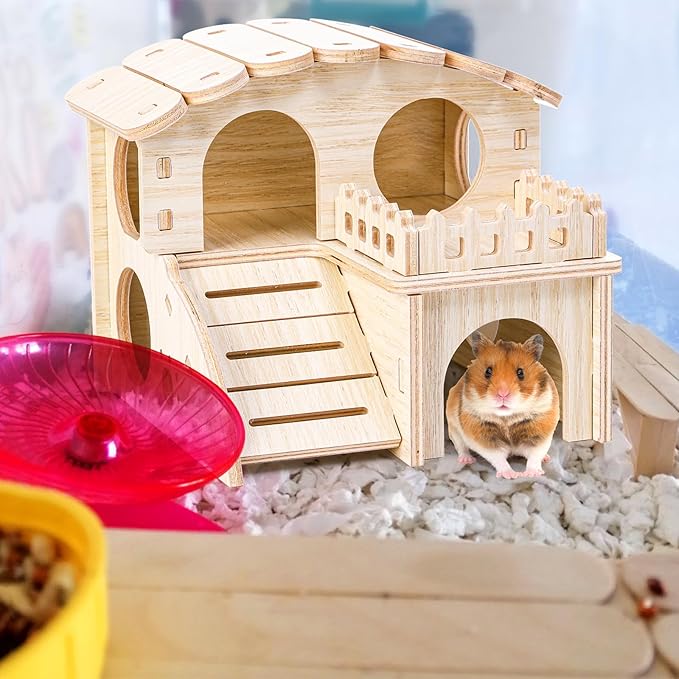 WRINGKIT Wood Hamster House, Tiny Maze Hamster Hideout, Fun Slide Gerbil House with Window, Detachable Double Decker Hut for Hamster Dwarf Mice Mouse Small Animals