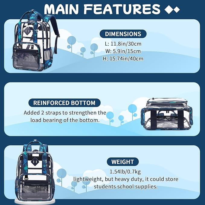 MOONBABY Small Clear Backpack for School Transparent Bookbag for Kids Heavy Duty PVC See Through Backpack Stadium Approved