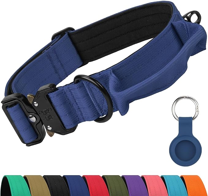 Joytale Tactical Dog Collar for Large Dogs with Control Handle, Heavy Duty Military Training Collar for Power Breeds, AirTag Holder Case, Quick Release Metal Buckle, Soft Padded, L, Navy Blue