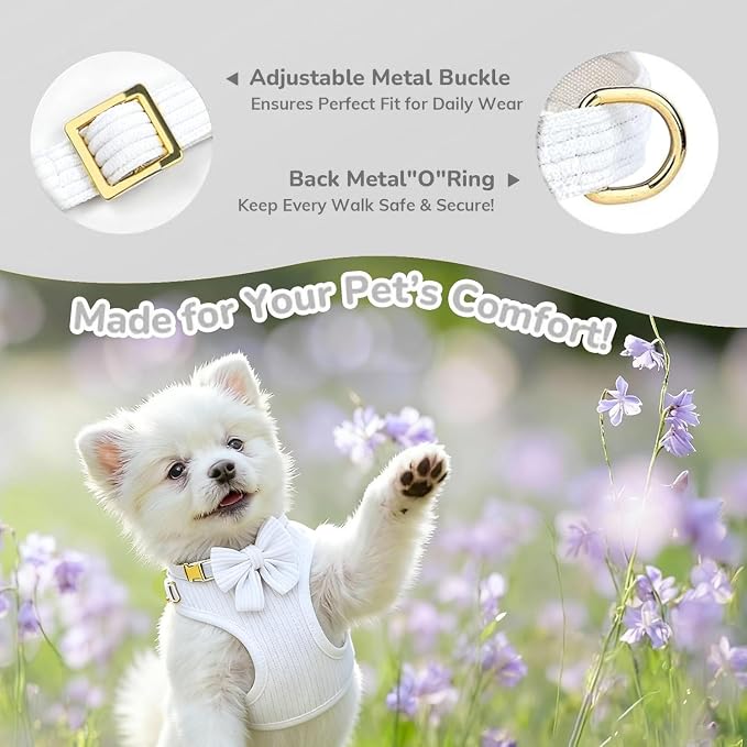 Small Dog Collar Harness and Leash Set with Bowtie, Adjustable Dog Harness Collar and Leash Set with Secure Metal Buckle, Breathable Cotton Adjustable Pet Puppy Harness, Easy Walk Harness, M(16-21")