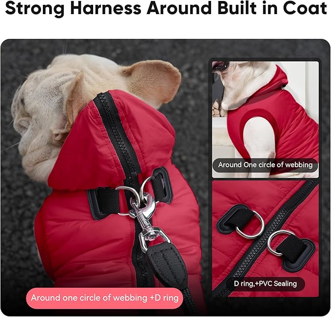 Vecomfy Fleece Lining Dog Hoodie with Harness Built in,Extra Warm Medium Dog Jacket in Winter Doggie Coats with Hooded,Red L