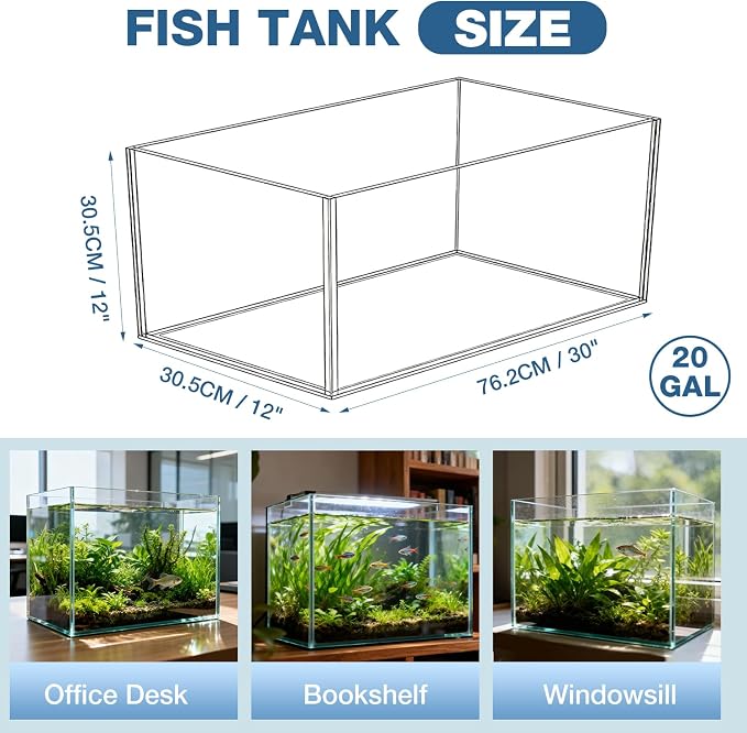 20 Gallon Rectangular Fish Tank, Rimless Ultra Clear Nano Aquarium | 6mm Thickness Ultra Clear Fish Tank for Betta/Turtle/Goldfish/Snails/Shrimp and Aquatic Planting