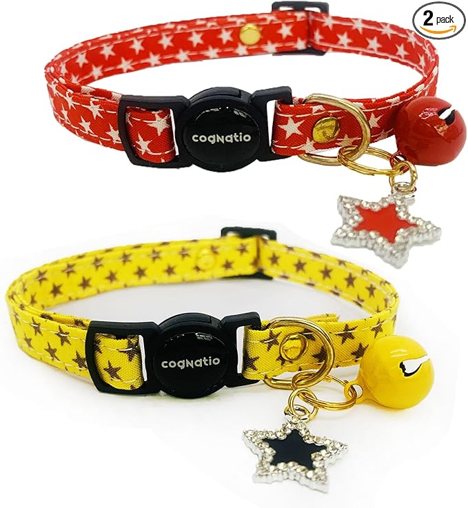 2 Pack Cotton Breakaway cat Collars with Bell,Safety Quick Release Pendant Cute Kitten Collar,Adjustable 20-30cm (Red+Lemon, 20-30cm)