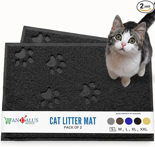 Andalus Small Cat Litter Mat, Pack of 2 - Waterproof, Non-Slip & Easy to Clean Cat Litter Box Mat for Extra Efficient Pet Litter-Trapping, Black (15.75” X 11.75”)