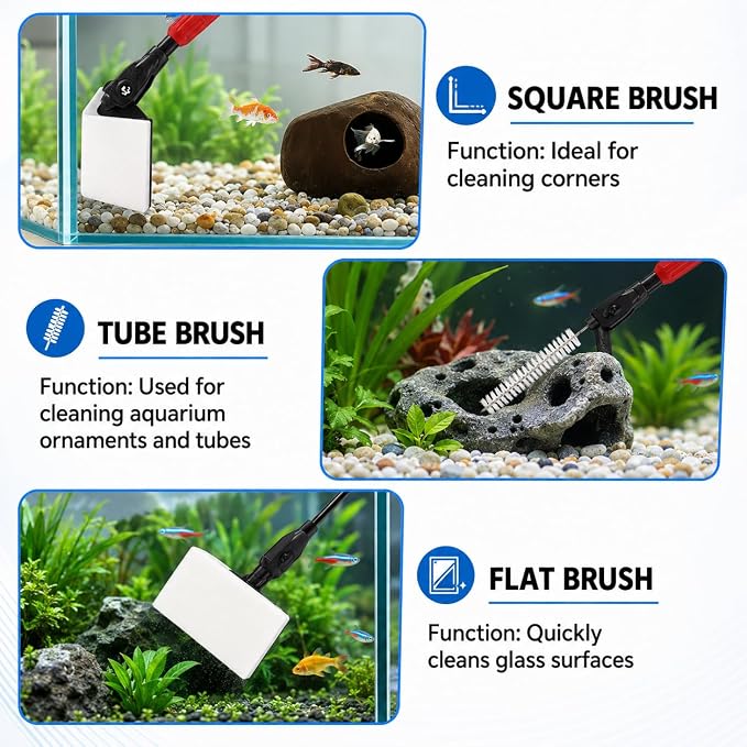 FISORAS Aquarium Cleaning Tools, 7 in 1 Fish Tank Cleaning Kit with Adjustable Long Handle,Aquarium Sponge Brush and Fish Net