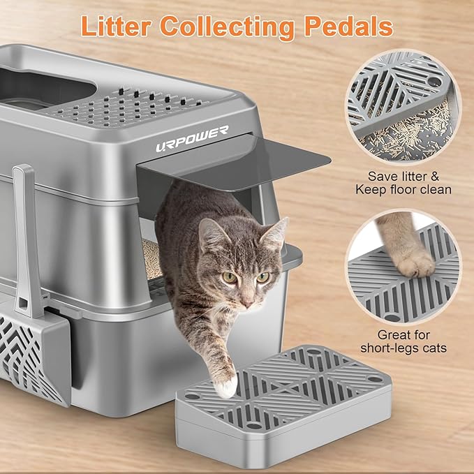 URPOWER Stainless Steel Cat Litter Box with Lid Extra Large Enclosed Litter Box Non-Sticky Metal Pan with High Sided & Scoop, Odor Free, Front & Top Entry, Anti-Leakage, Easy Cleaning
