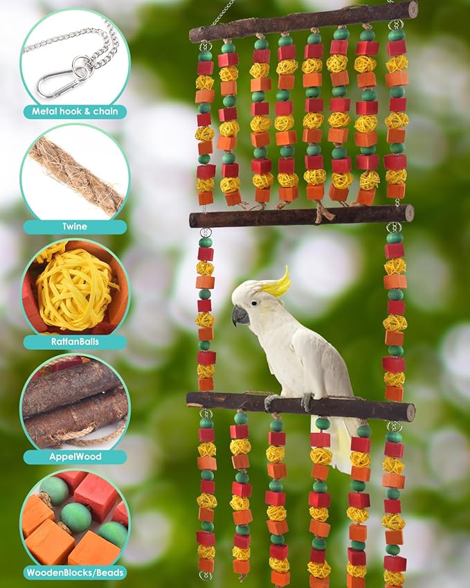 DBNESS 43" Extra Large Bird Parrot Toys, Multicolored Wooden Blocks Chewing Toy with Rattan Balls and Perches for Eclectus, African Greys, Cokatoos, Amazon Parrots