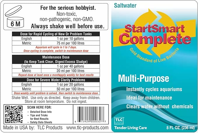 TLC Products StartSmart Complete Freshwater Aquarium Cycle Starter & Beneficial Nitrifiers, Supports Clear Water & Biofiltration, Reduces Excess Sludge, 8 oz. (236 ml)