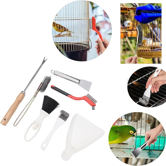 Luqeeg 7Pcs Bird Cage Cleaning Tools Set, Fork Brush Scraper Broom Dustpan Gloves Kit, Stainless Steel Bird Droppings Scraper Tool for Parakeet Items Small Animal Cage Cleaning