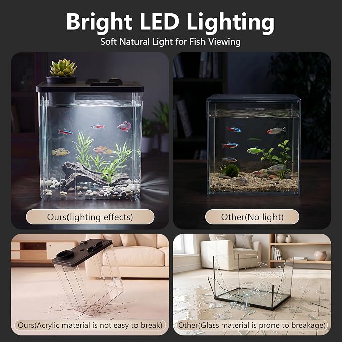 2 Gallon Betta Fish Tank Aquarium Starter Kit with Light and Lid(Black) | Premium Acrylic Aquarium with Light and Lid, Crystal Clear Starter Kit for Betta Fish, Shrimp, Snails and Small Fish