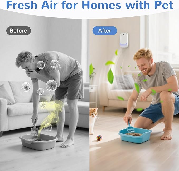 Cat Litter Deodorizer - Plug In Air Purifier for Litter Box, Pet Odor Eliminator for Strong Odors, Filterless Air Freshener for Pets, Kitchen, Bedroom, Small Room, Ozone Free & Quiet