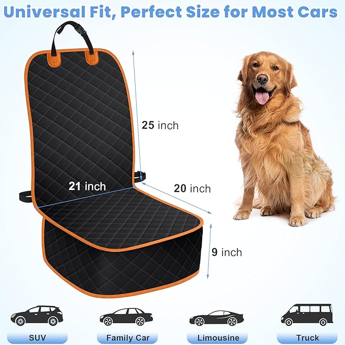 ELONGRIVER Dog Car Seat Covers, Waterproof Front Seat Cover for Dogs, Scratch-Proof, Nonslip Pet Passenger Seat Cover Protector, Universal Fit for Cars Trucks SUVs, Large Size, Black with Orange