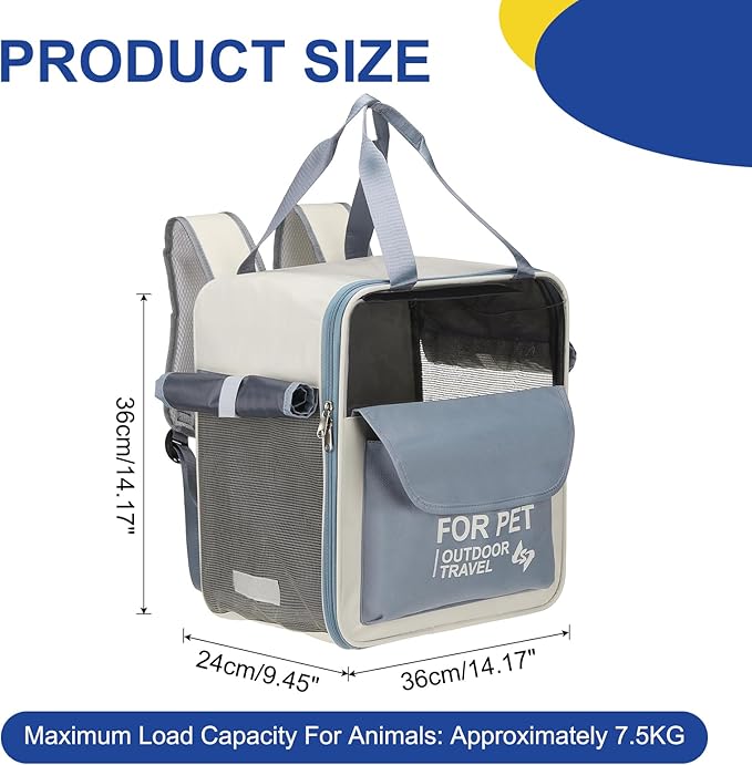 Pet Backpack Carrier, Portable and Ventilated, Oxford Cloth, Dogs Cats and Small Animals Travel Bag 12.6" Up to 16.5 Lbs, (Blue), Intended for Hiking/Camping/Traveling