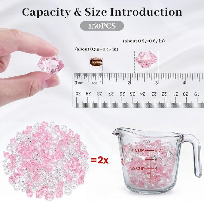 DomeStar Pink and Clear Fake Ice Rocks, 150 PCS Acrylic Crystal Vase Filler | Fake Diamonds for Table Centerpieces Birthday Party Decor, Fish Tanks Decor Table Scatter DIY Craft Supplies